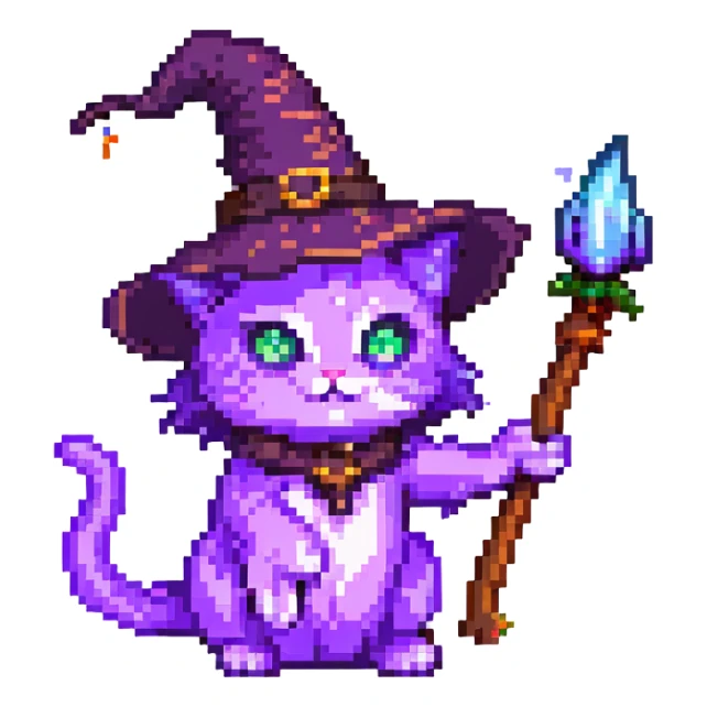 A purple witch cat, pixel art style, casting a spell. sticker