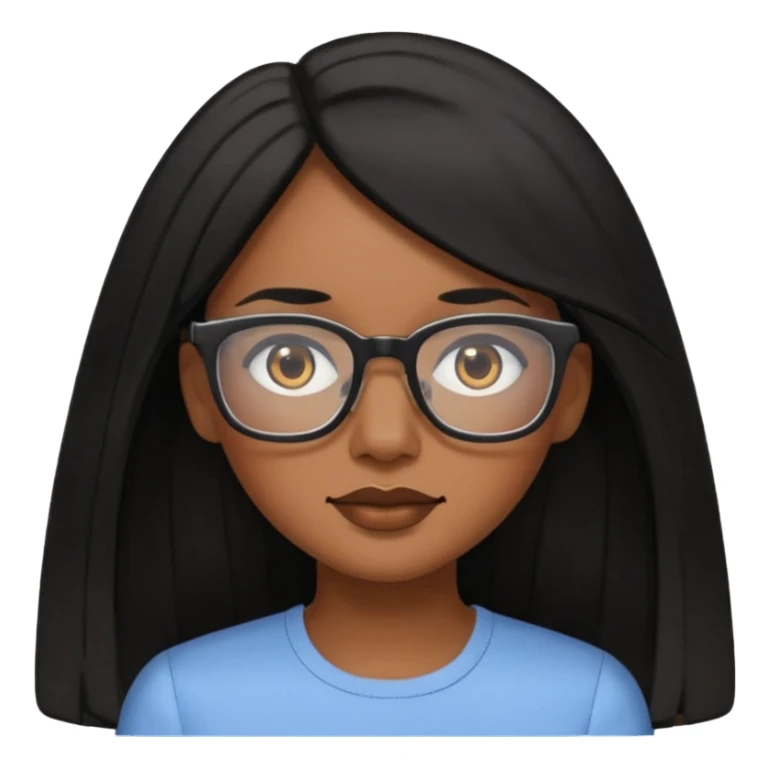 Cor da pele parda óculos um pouco quadrado cabelos longos e preto roupas blusinhas de manga curta sticker