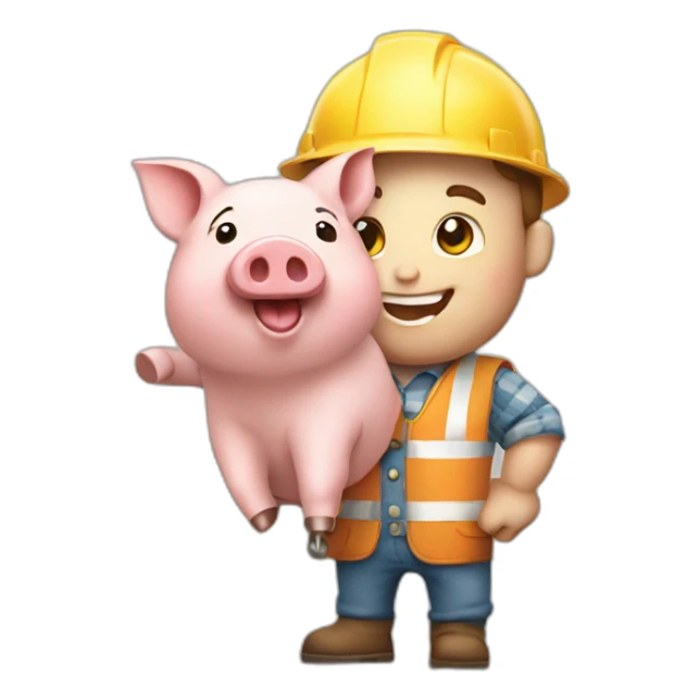 happy little piggy dressed like a builder holding a brick in his hand sticker