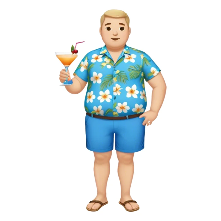 chubby guy full figure in a flowered azure havai shirt, brown shorts and flippers holding a cocktail sticker