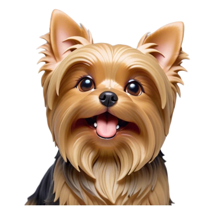 Cinematic Cute Yawning Yorkshire Terrier Portrait Emoji, Head tilted with a playful, drowsy expression and droopy, adorable eyes, featuring a soft, well-groomed fur in rich hues, simplified yet irresistibly endearing, highly detailed, glowing with a warm, cozy radiance, high shine, exuding a relaxed yet spunky charm, styled with a gentle, soft glowing outline, capturing the essence of a Yorkshire Terrier mid-yawn that seems as if it could cuddle right off the screen! sticker