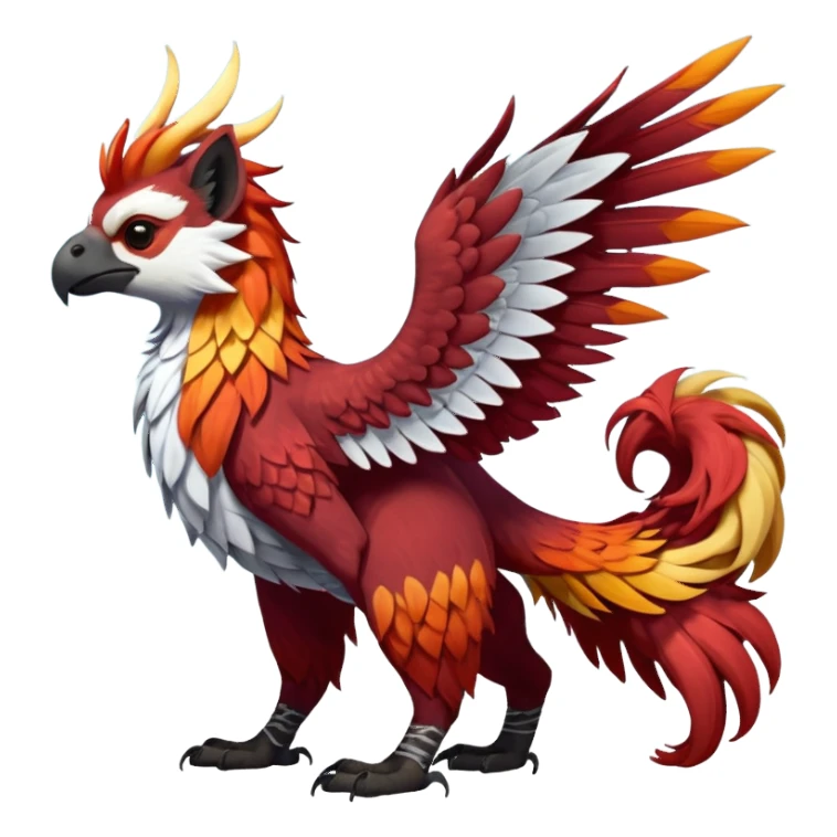 4-legged colorful shiny smooth glossy furry realistic scaly winged long-big-beaked Gryphon-Griffin-Griffsnuff-Talonflame-Silvally-Braviary-Red-Panda-fusion-hybrid-animal-Fakémon-creature, full body, with a long thin tufted lion-tail sticker