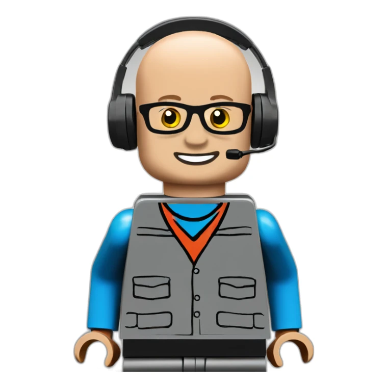LEGO customer service bald men with headset with red shirt sticker