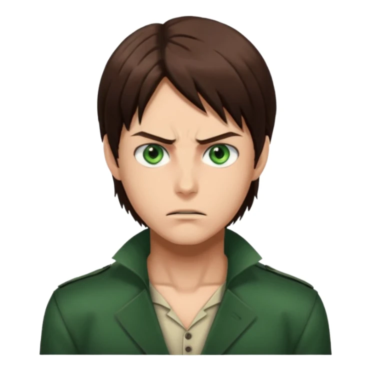 “Create an avatar that looks like Eren Yeager from Attack on Titan, Season 4 — sharp jawline, tied-back long brown hair, intense green eyes. sticker