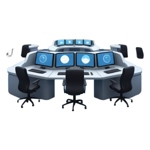 Cinematic mission control center, massive curved video walls with complex telemetry and glowing data visualizations, symmetrical high-tech workstations, dim blue and amber ambient lighting, sharp focus, hyper-realistic, atmosphere of absolute precision. sticker