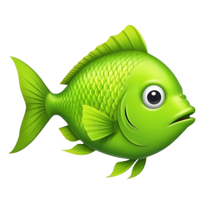 bright lime green fish shown in absolute side profile, one eye only, facing directly to the right, flat 2D view like a playing card, goofy derpy expression sticker