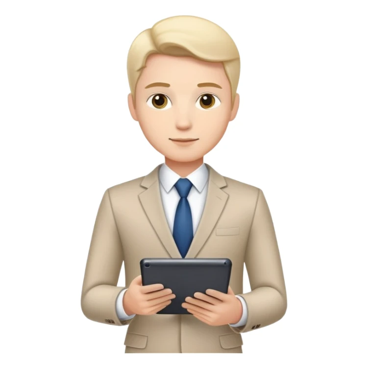 business executive confidently, holding a digital tablet or folder, wears smart business attire sticker