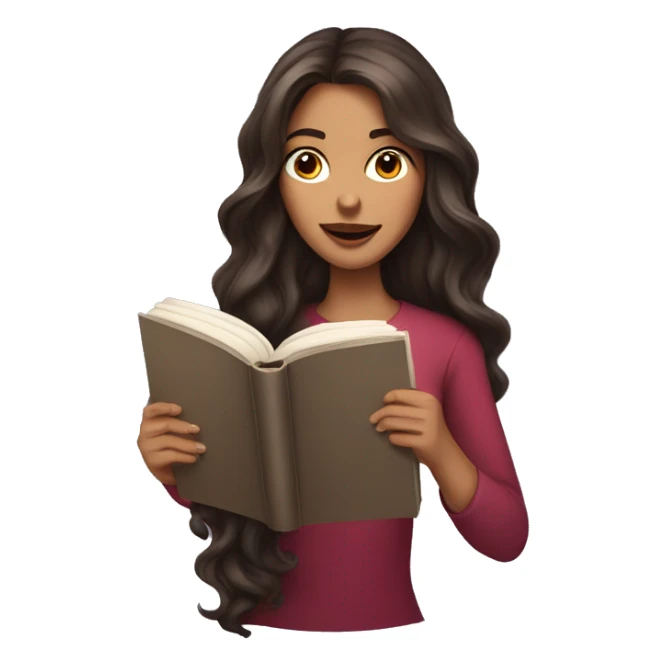brunette long wavy hair woman biting lip while holding and reading book sticker