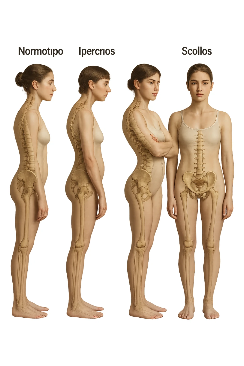 fai un immagine identica che riguarda 3 posture scorrette: scoliosi, ipercifosi e iperlordosi. falla iperrealistica anatomica in 4k con spina dorsale storta in evidenza su ogni figura sticker