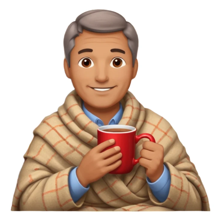 Cozy handsome middle aged man sitting next to a nice fireplace with a hot apple cider, blanket, and plate of chocolate cookies. sticker