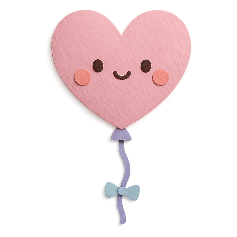 kawaii pink heart balloon, floating, tiny cute face, soft pastel colors, no limbs, full body, paper craft style sticker