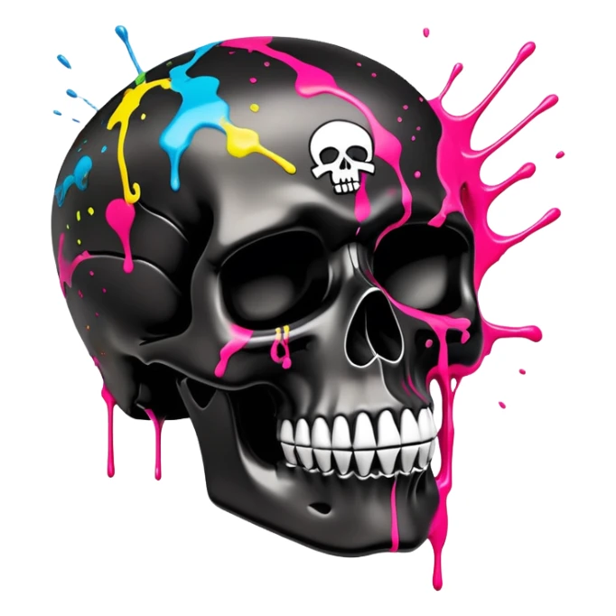 limited edition black skull with luxury haute couture logo patterns, perfectly contained neon paint splatters, museum-quality graffiti art detail, dramatic angle view sticker