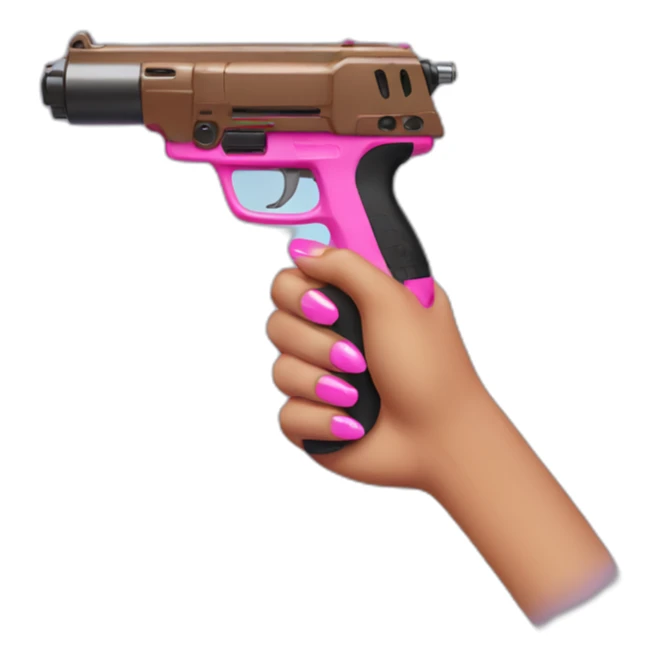 brown hand with pink nails holding large scary dark nerf gun sticker