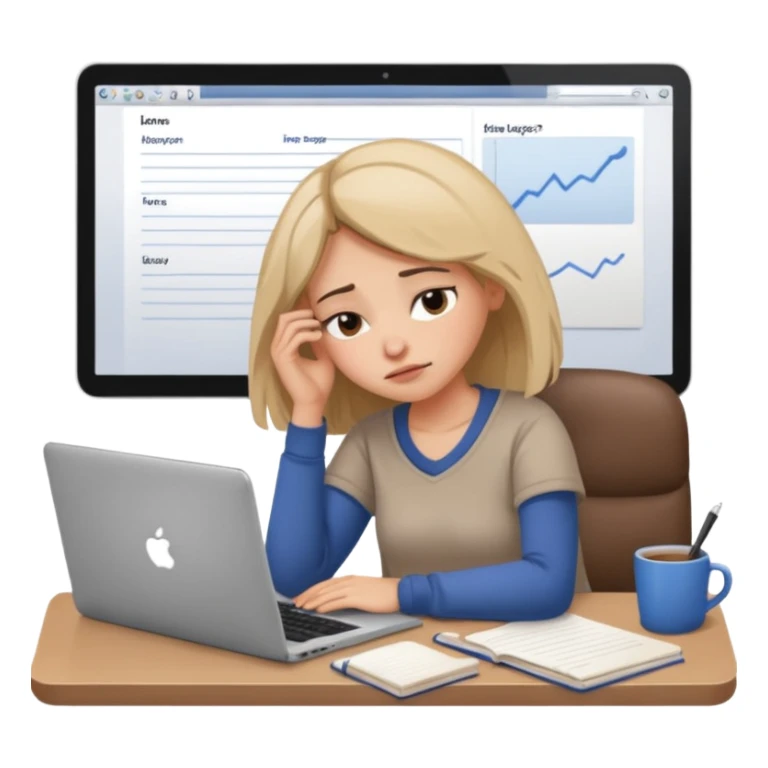 female tired blogger with a laptop, head resting on hand, sleepy expression, open notebook, cozy workspace sticker