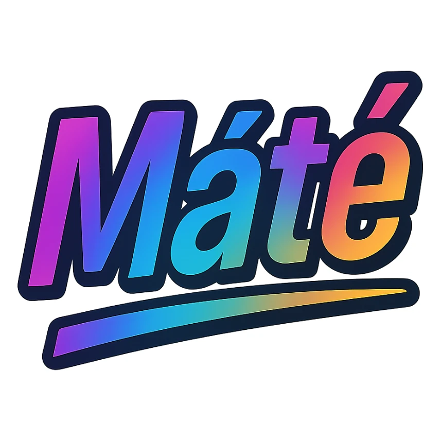 The name 'Máté' in a modern, colorful gradient font with a dark outline, on a transparent background, with the name underlined or partially underlined dynamically with a slanted underline, in the style of the sample images. sticker