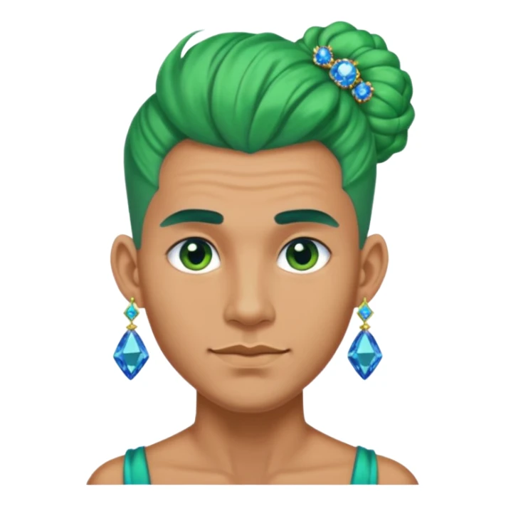 gem lover man with gem accessories excessive amount very big gem earrings green bun hair and bluediamonds  sticker