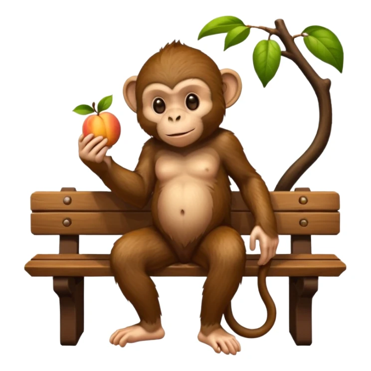 monkey(full body) sitting on a bench and eating peach and chocolate sticker