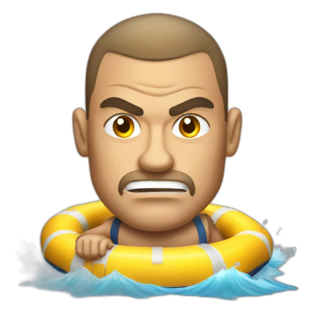 Angry muscular tan guy with brunette buzz cut on a raft sticker