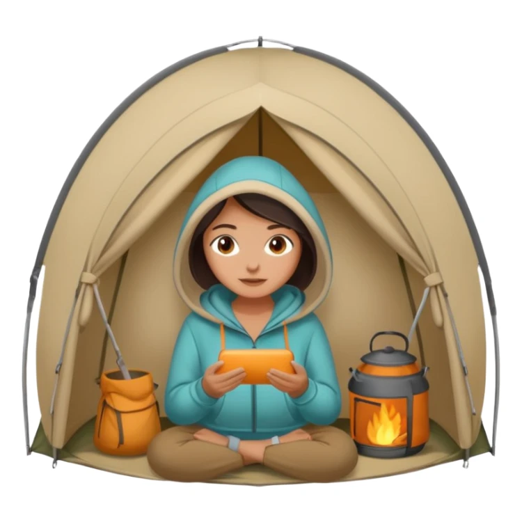 A woman in a cozy hoodie arranging items inside her tent. sticker