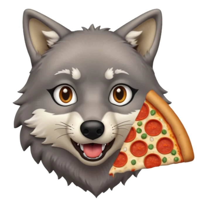 a surprised grey wolf eating a piece of pizza emoji sticker