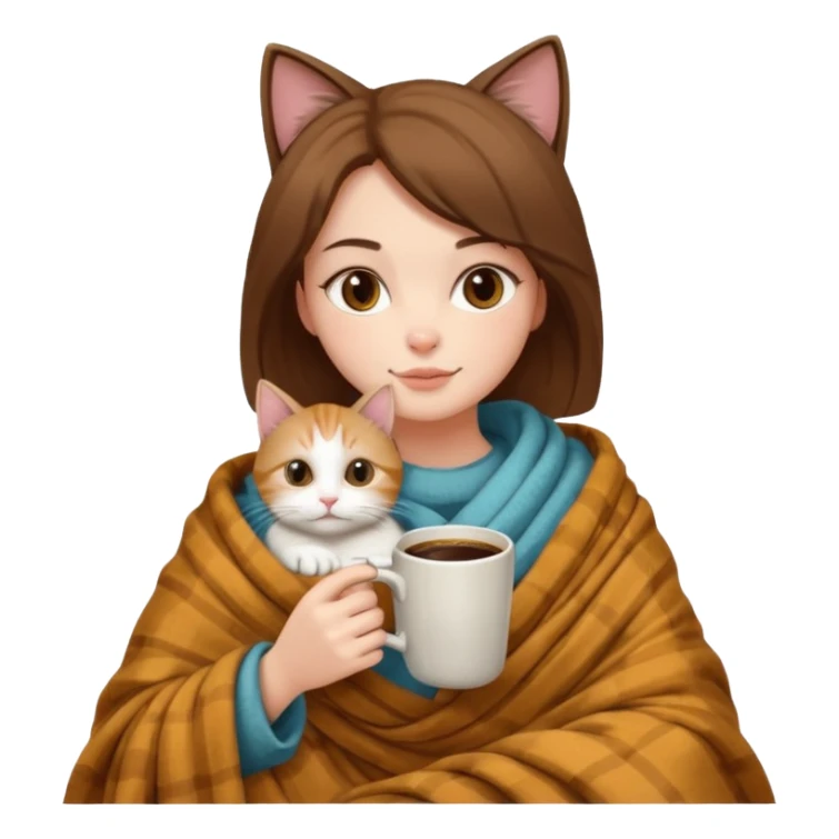 Kediyle bayan yanyana kahve battaniye sticker