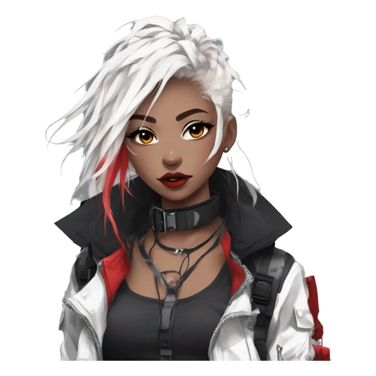 Gorgeous techwear anime style lady with blushing face aesthetic and pretty edgy black red white punk messy hair with collar and harness trending style sticker