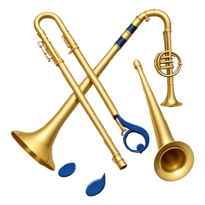 Create an elegant and artistic emoji that represents music arrangement and orchestration. The design should feature a conductor's baton, musical scores, and various orchestral instruments (drums, violin, trumpet, electric guitar, synthesizer). Incorporate flowing lines to represent harmony and orchestral balance, along with a subtle representation of sheet music. Use rich, classical colors like gold, silver, or deep blue, and create an atmosphere of sophistication and precision. The background should be transparent. sticker