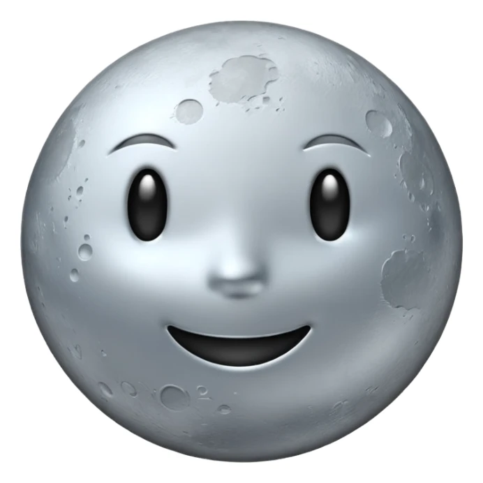 Polished silver moon emoji, chrome metallic texture, iOS emoji style, soft glow, smooth reflections, minimalistic design sticker
