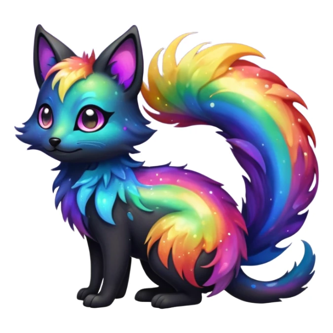 Hyper realistic  tar-black fur drenched in rainbow oil slick like spilled cosmos beautiful elegant pretty precious cute  Fakémon-Pokémon-opossum-feline-serval-caracal-chinchilla-Furret-Minccino-hybrid-creature with a big fluffy bushy tail (full body) sticker