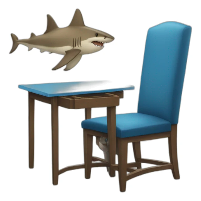 a shark sitting at a chair with a table and a blue tie sticker