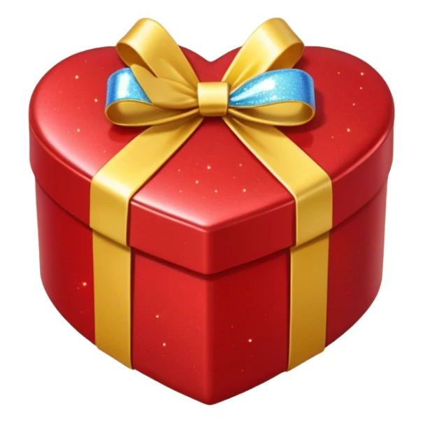 Cute kawaii sparkly shiny glossy romantic aesthetic Heart-shaped red gift box present with yellow wrapping sticker