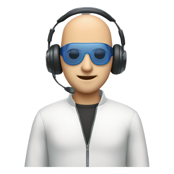 Bald man with a headset and a pc with bue eyes sticker