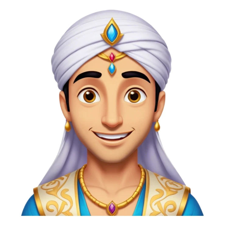 Cinematic Realistic Aladdin Portrait, head tilted dramatically with an exaggeratedly amused expression, featuring vibrant eyes and a slight, roguish grin. His detailed attire and subtle magical accents are brought to life with dynamic lighting and vivid textures, capturing a rare, playful burst of humor from a daring street-wise adventurer. sticker