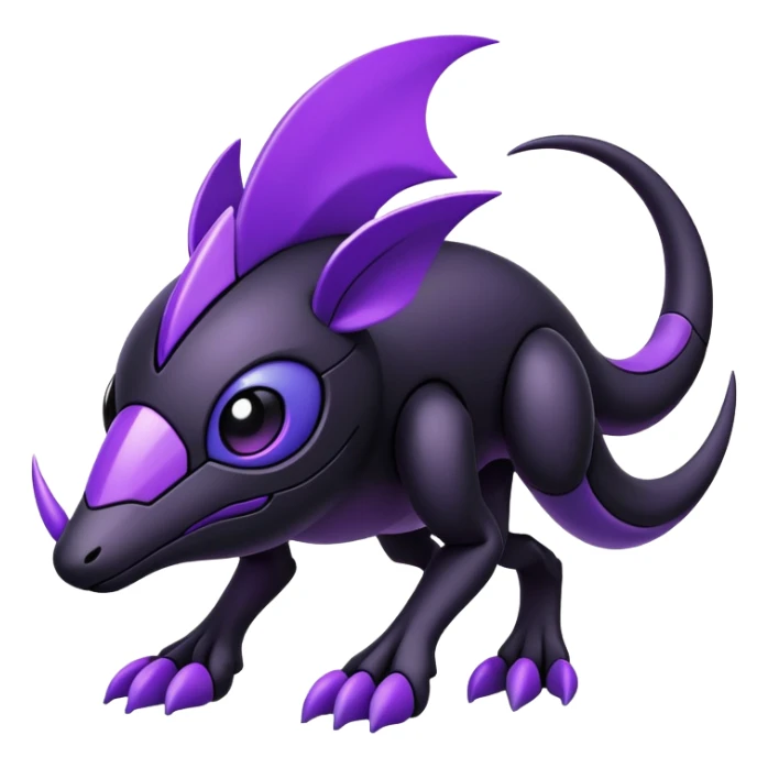 Modern futuristic black dark fakemon-creature with purple accents sticker