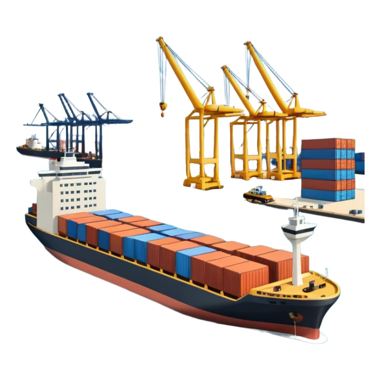 A 3D cartoon cargo or passenger seaport terminal with cranes and ships docked, calm lighting, Memoji-style realism. sticker
