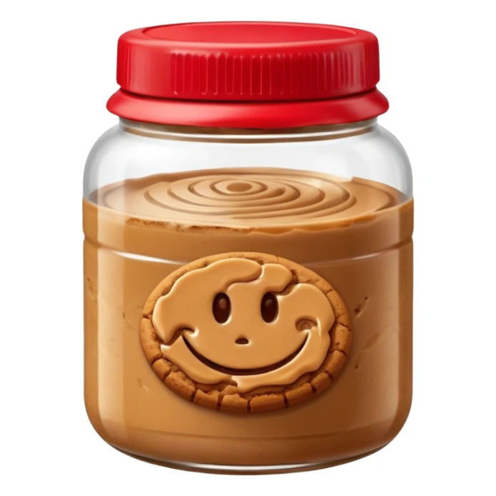 small transparent jar filled with thick caramel-brown cookie butter, swirled glossy surface, rich smooth texture, simple red or beige lid slightly open, no label or branding, soft lighting, subtle shadows, emoji scale sticker