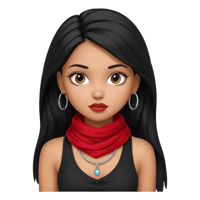 a pretty bratz dusky girl with long black hair, kajal under eyes, small silver hoop. black tank top on. Red scarf around neck sticker
