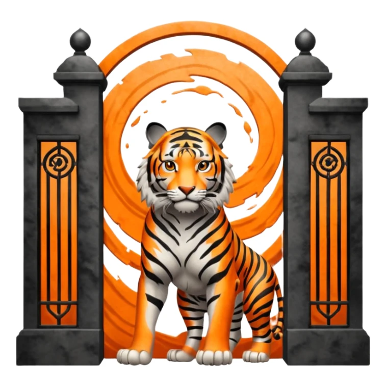 Traditional Chinese ink painting style emoji. A powerful tiger (like the ancient character 虎), standing guard in front of mystical gates (門). Energy swirls around him like a vortex (🌀). Minimalist, transparent background, 512x512 pixels. sticker