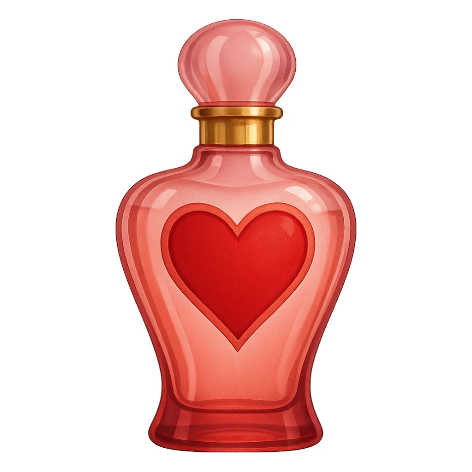love-themed perfume bottle with heart motif sticker