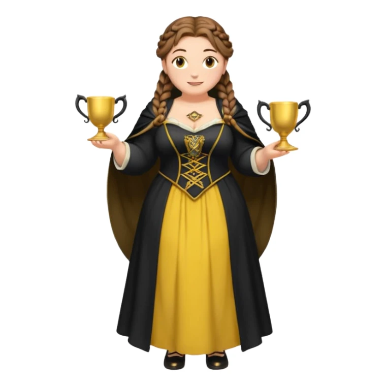 Helga Hufflepuff,brown-haired,2 braids,yellow-black medieval open dress,deep neckline,fat macromastia,black cloak decorated with gold braiding,gold cup with two handles,very kind smile,curvy busty sweet woman,round rosy cheeks,full length with medieval shoes sticker