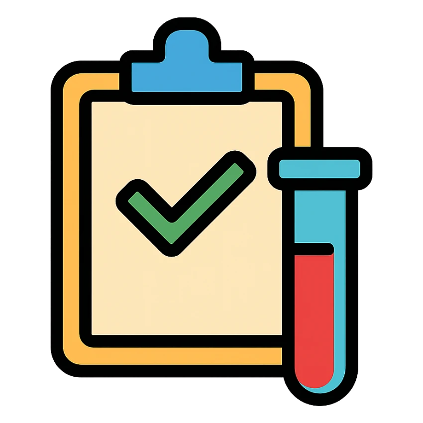 business-friendly icon for diagnostic lab approval workflow, showing a clipboard with a checkmark and test tube, modern and simple design sticker