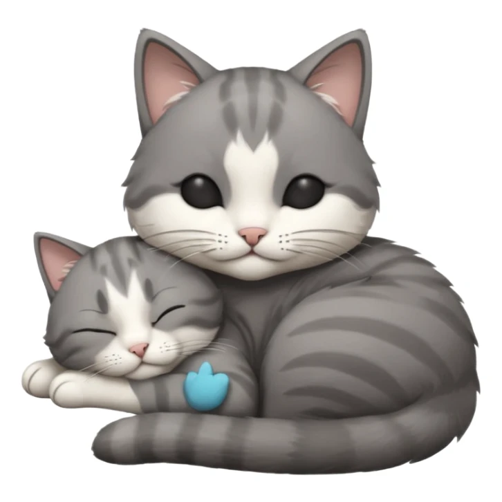 dark grey and white small cat with closed eyes, leaning his head on his paw while leaning on his elbow lying down sticker