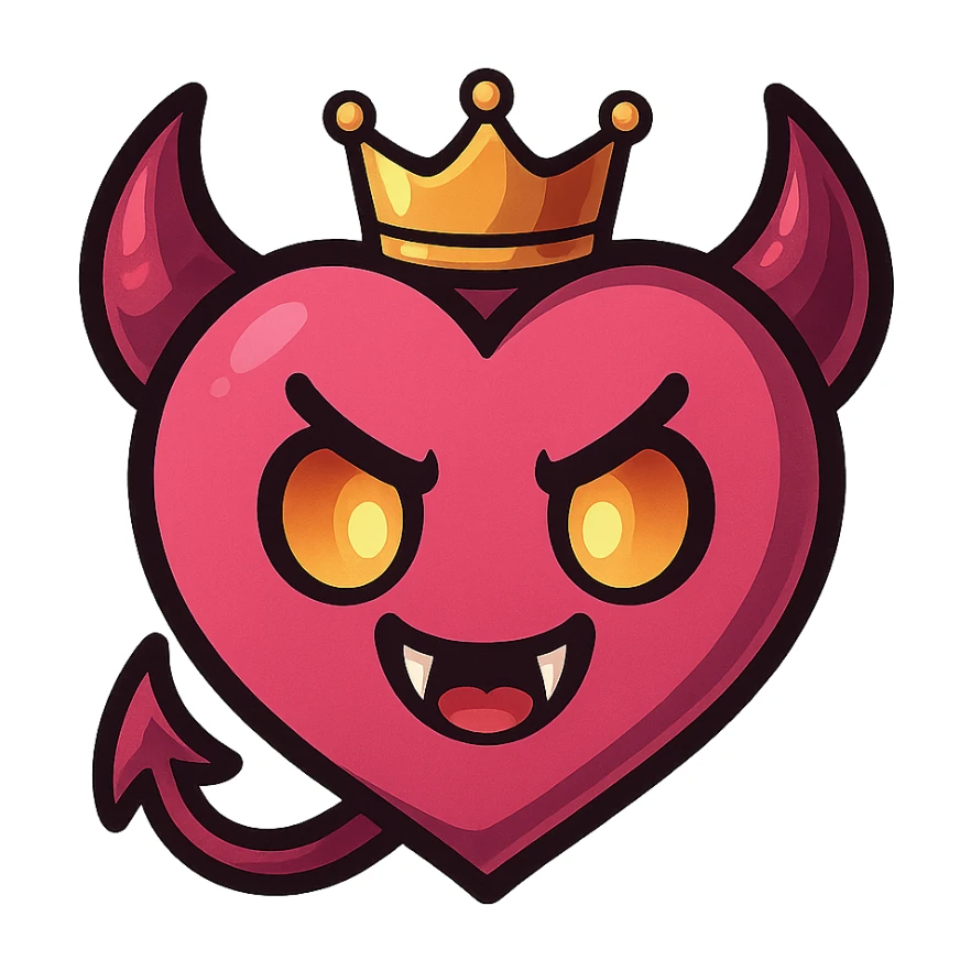 devil emoji, chibi style, pink and black colors, heart-shaped face, sharp fangs, glowing eyes, dramatic shadows, crown accessory sticker