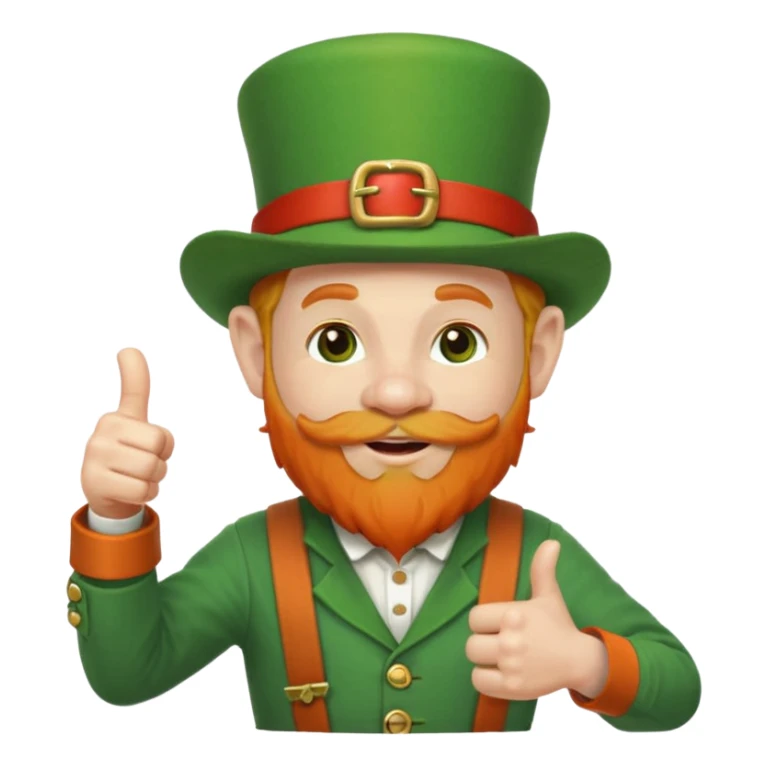leprechaun looking up, and giving a thumbs up. on his left hand, he is holding his waist. change the hat band with orange band and a red belt. change the facial hair to white. on his mouth, he is smoking a red pipe. the pipe is on his lip. sticker