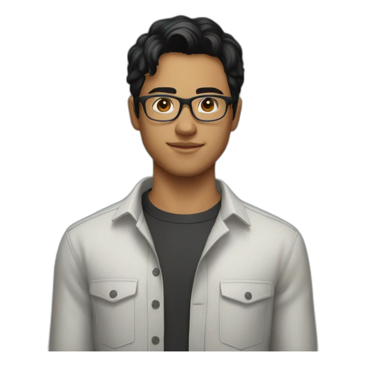 A young man wearing a shirt, black hair and glasses sticker
