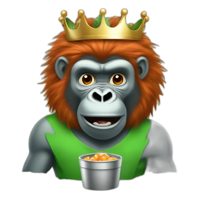 Red hair green skin silver back gorilla with a crown on eating a carrot sticker
