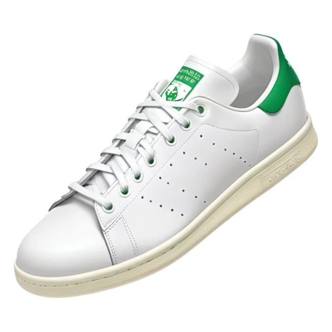 White Adidas Stan Smith shoe with green accents, iconic tennis sneaker, clean design, white with green heel tab, front angle view sticker