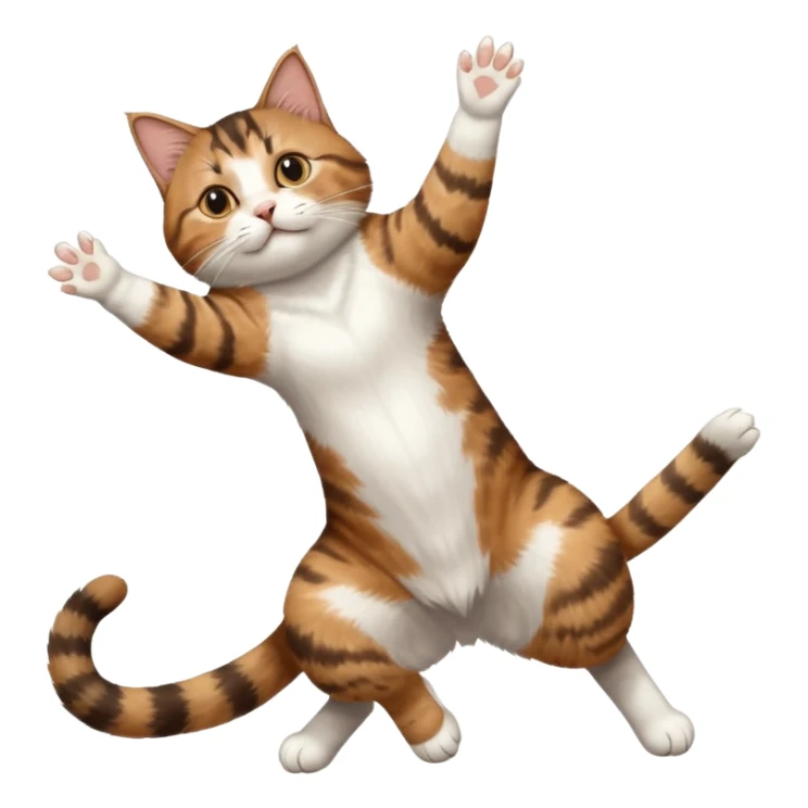 brown tabby and white cat with doing a big extremely long stretch reaching up into the air with arms and legs side by side together straight and overextended whilst lying on its side sticker