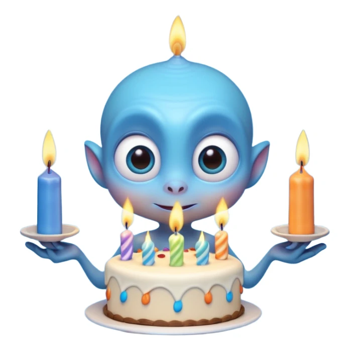 A cute friendly alien holding a birthday cake with candles, big expressive eyes, bright colors, cartoon style, playful atmosphere, 3D animated look, Pixar-inspired, highly detailed
 sticker