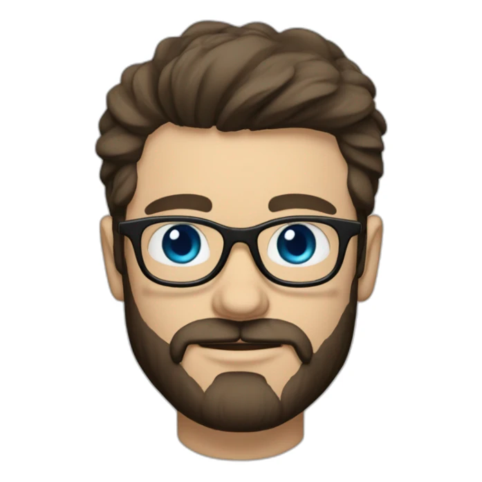 White man with blue eyes and dark brown hair, styled sideways backwards. He has a beard and mustache trimmed and wears a black t-shirt and vintage glasses. sticker